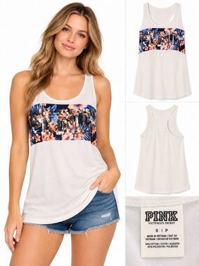 Victoria’s Secret PINK Small White Sequin Logo Racerback Tank